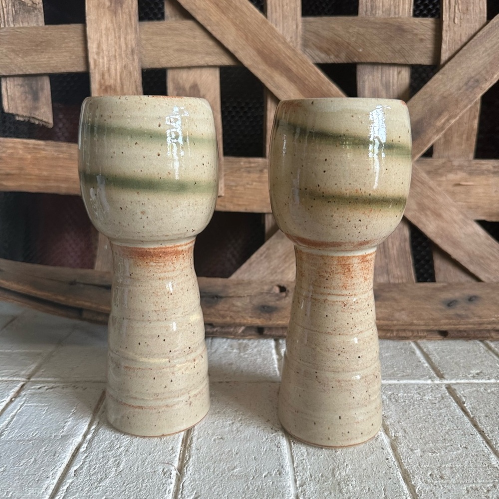 Handcrafted Pottery Goblets with green stripes Signed